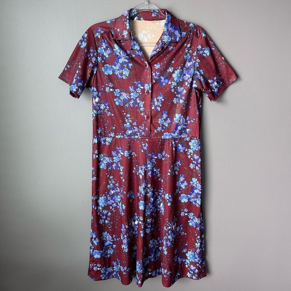 Vintage Brown and Violet Floral Midi Dress A Line Short Sleeves Women’s Size M - Picture 3 of 8